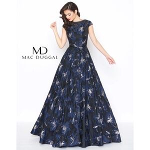 Mac Duggal Navy and Silver Floral Maxi Dress
